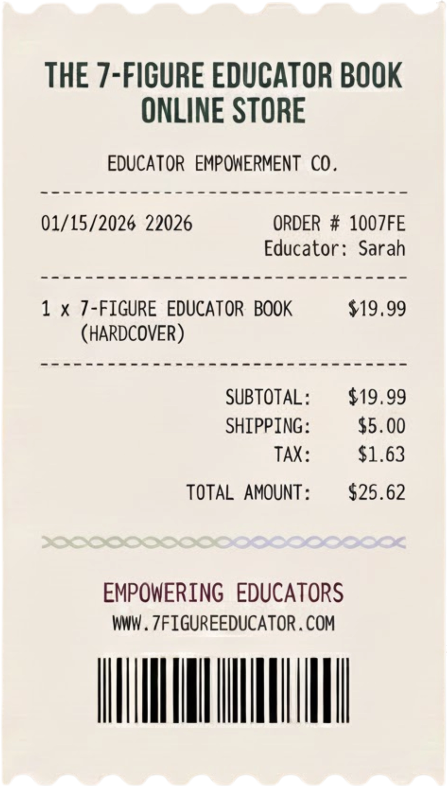 Receipt of your purchase of 7-Figure Educator